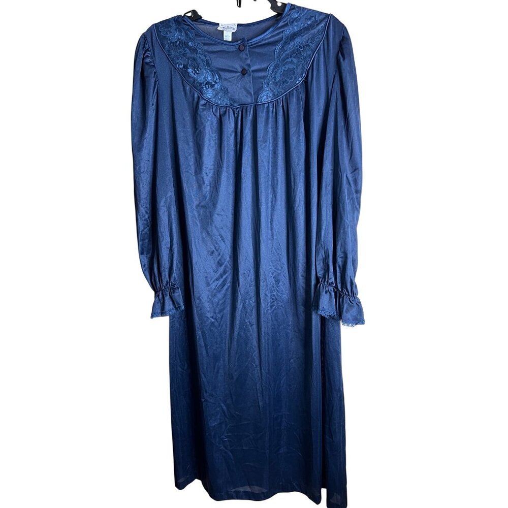 Navy Blue L/S Nightgown Lace Collar Buttons Nancy King Lingerie L USA Granny VTG